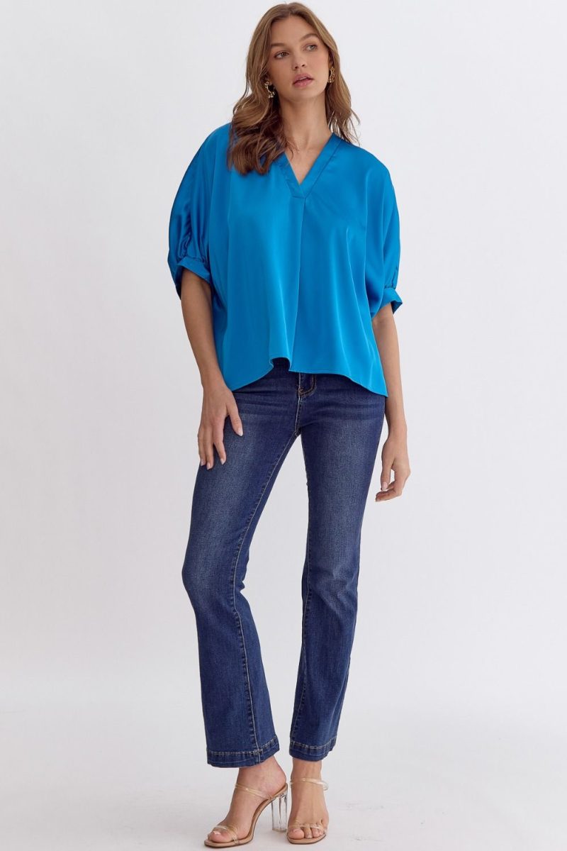 Satin V-Neck 1/2 Sleeve Top - Image 13