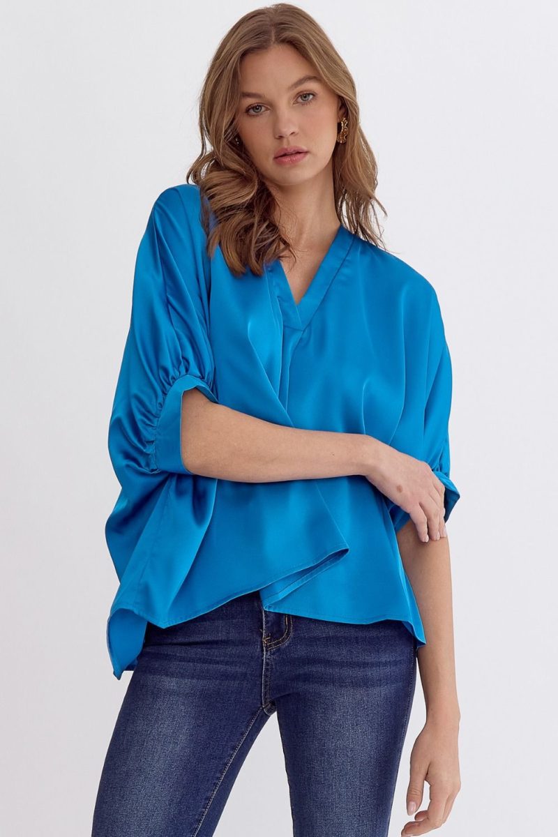 Satin V-Neck 1/2 Sleeve Top - Image 14