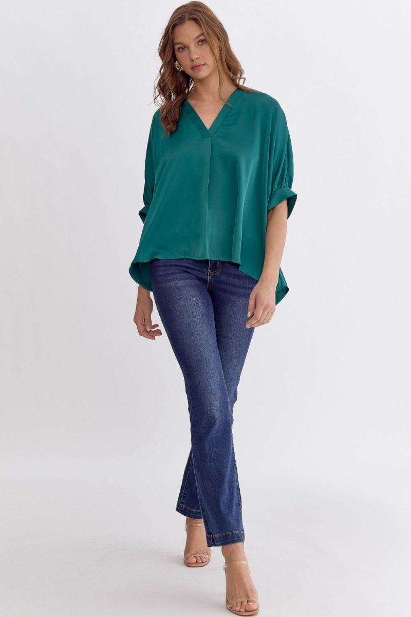 Satin V-Neck 1/2 Sleeve Top - Image 25
