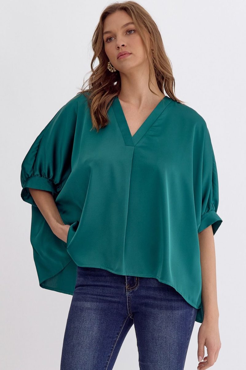 Satin V-Neck 1/2 Sleeve Top - Image 22