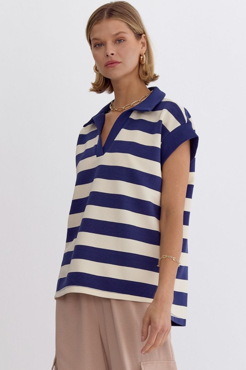 Stripe Collared Cap Sleeve V-Neck Top - Image 4