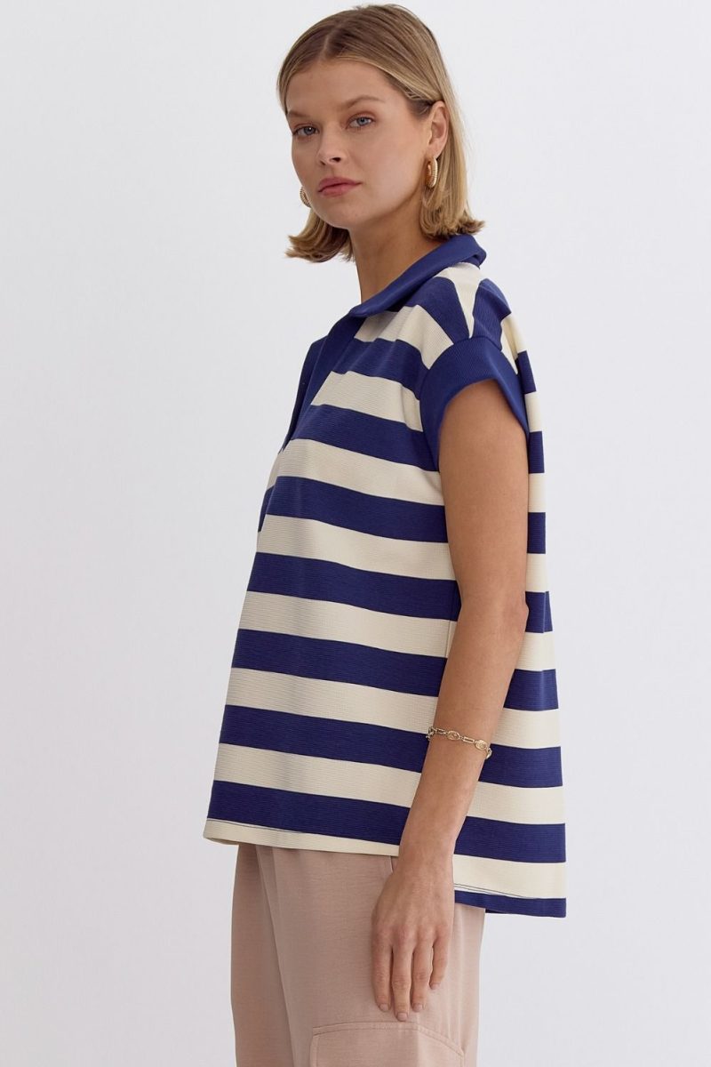 Stripe Collared Cap Sleeve V-Neck Top - Image 5