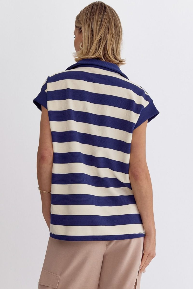 Stripe Collared Cap Sleeve V-Neck Top - Image 6
