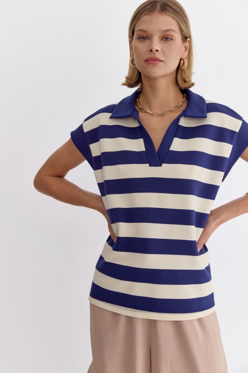 Stripe Collared Cap Sleeve V-Neck Top - Image 3