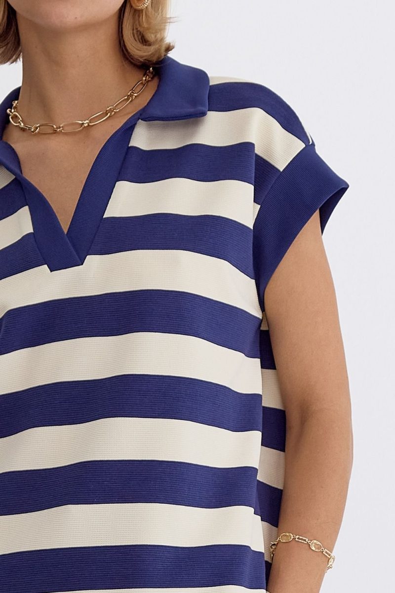Stripe Collared Cap Sleeve V-Neck Top - Image 2