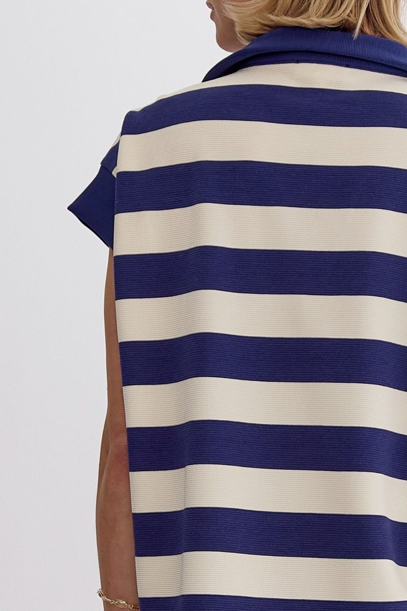 Stripe Collared Cap Sleeve V-Neck Top - Image 7
