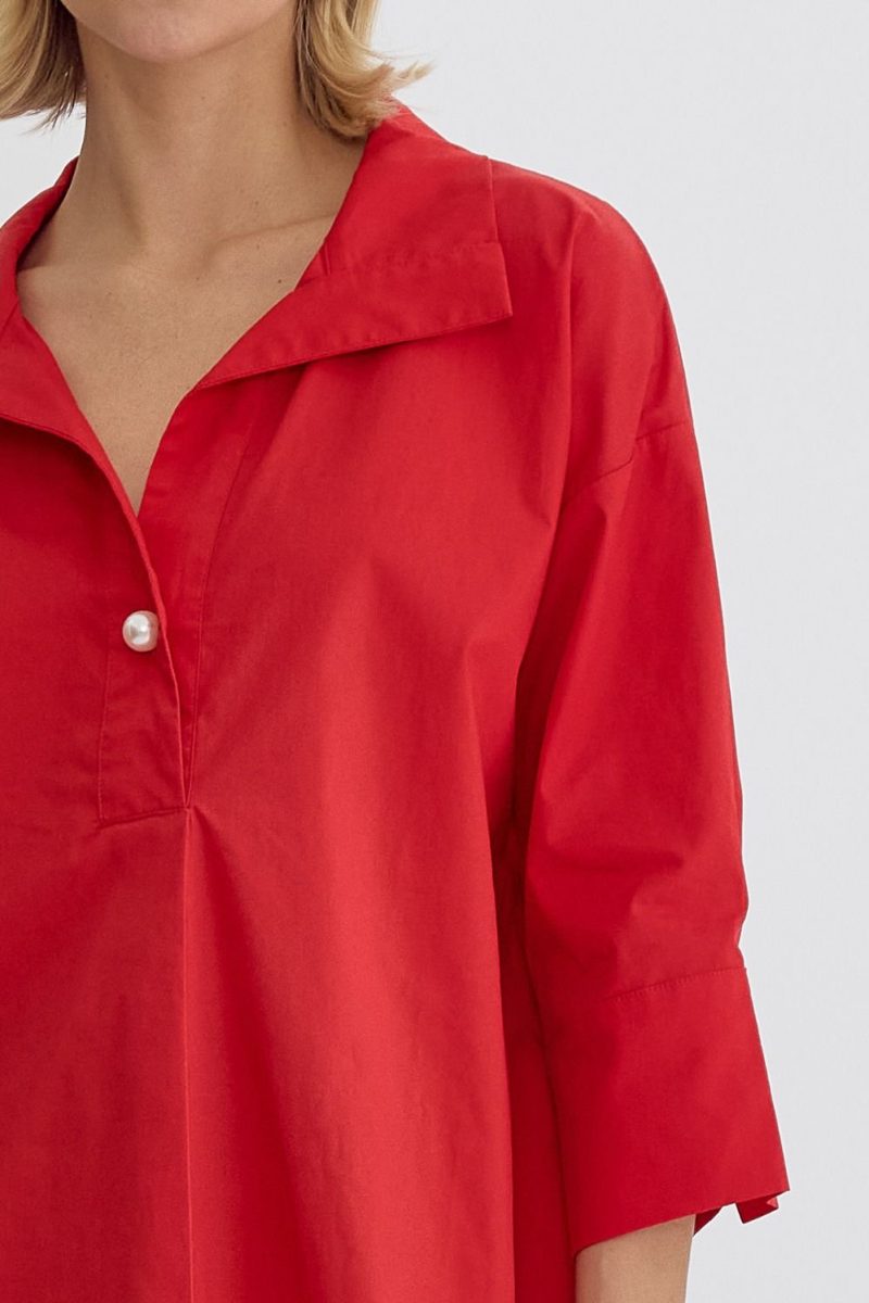 Collared 3/4 Sleeve Top With Faux Pearl Button Closure - Image 3