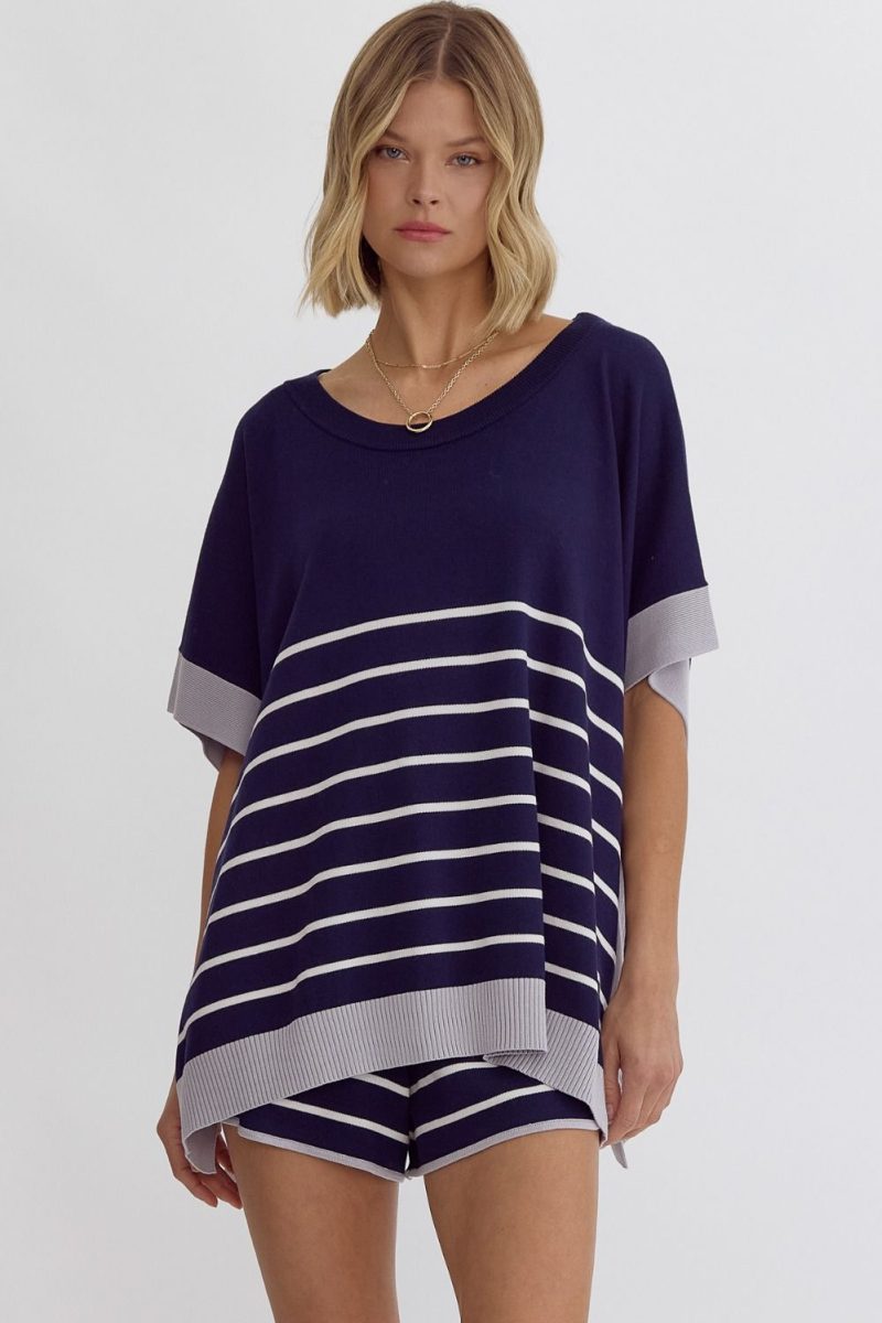 Round Neck Striped Detail Poncho Style Top - Image 3