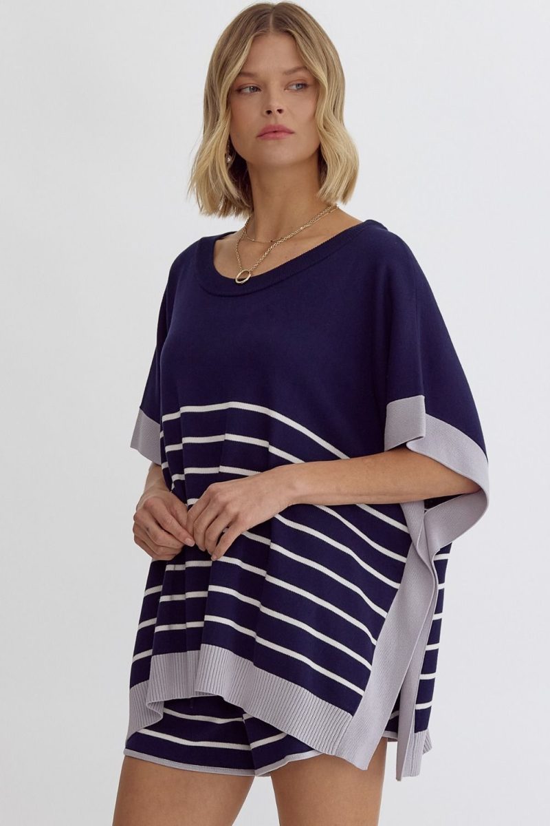 Round Neck Striped Detail Poncho Style Top - Image 2