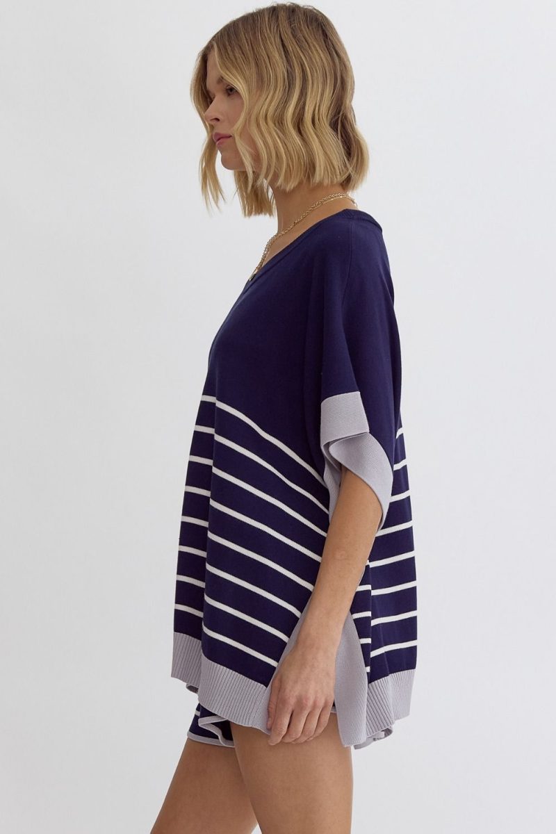 Round Neck Striped Detail Poncho Style Top - Image 5