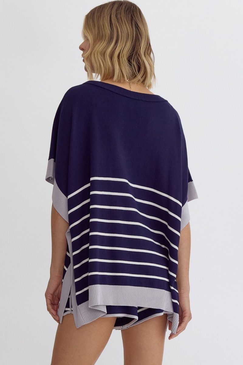 Round Neck Striped Detail Poncho Style Top - Image 6