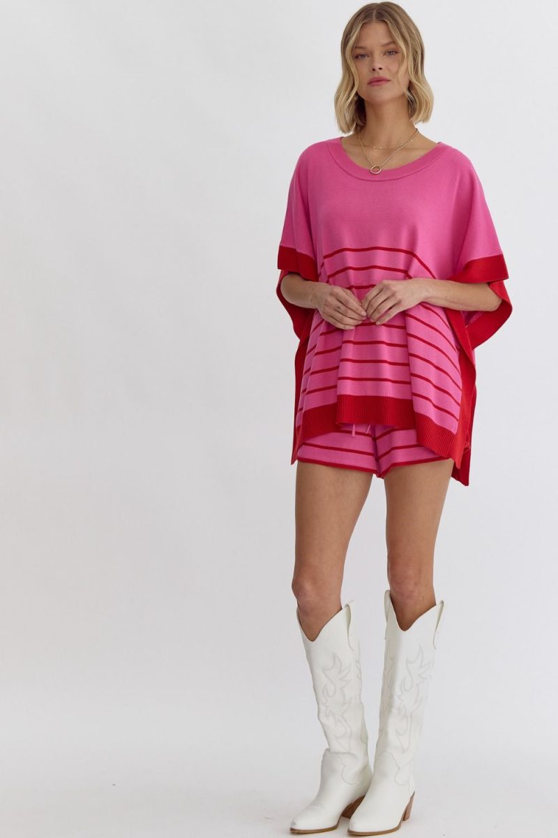 Round Neck Striped Detail Poncho Style Top - Image 8