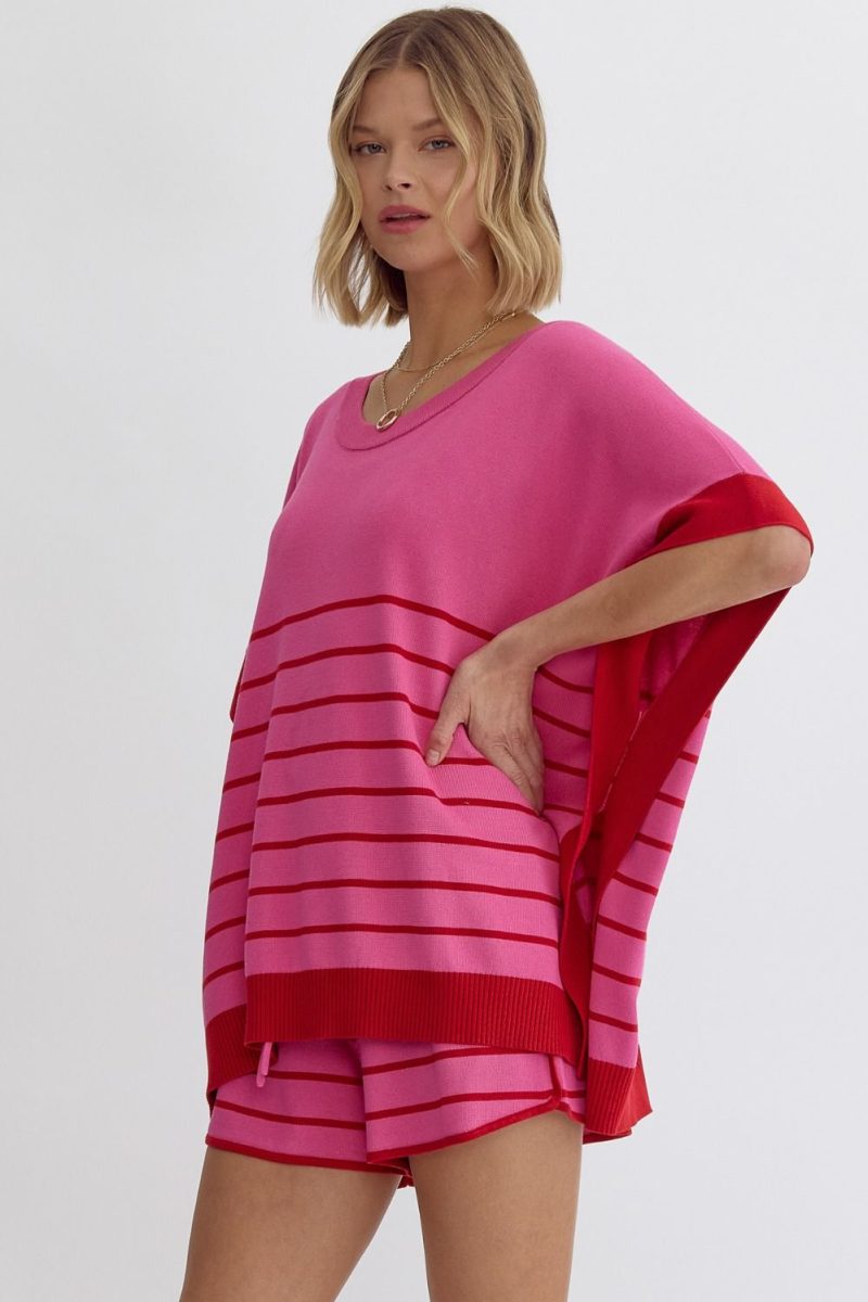 Round Neck Striped Detail Poncho Style Top - Image 14