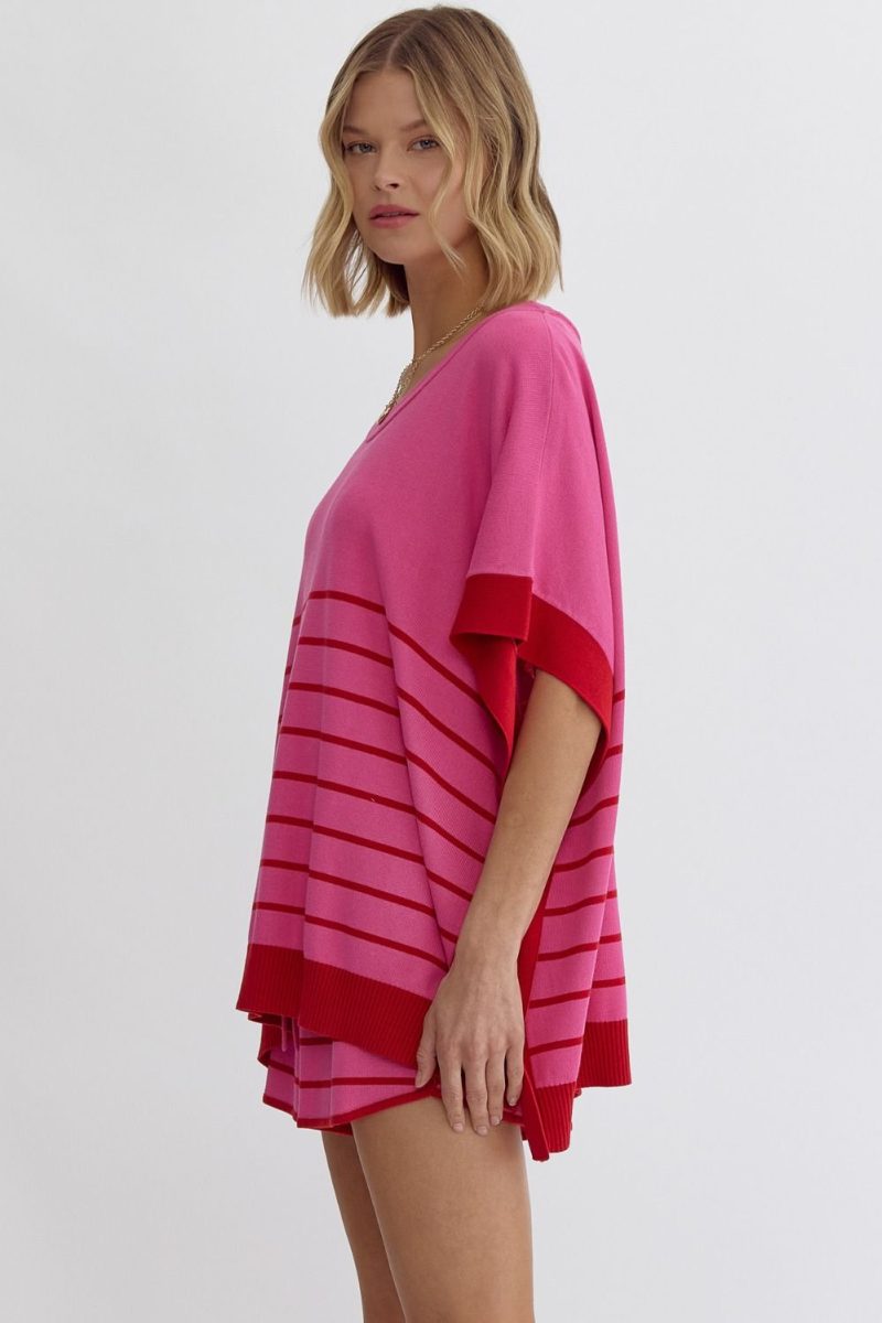 Round Neck Striped Detail Poncho Style Top - Image 11