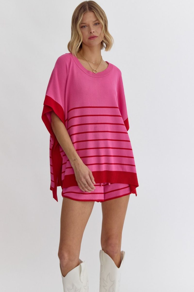Round Neck Striped Detail Poncho Style Top - Image 10