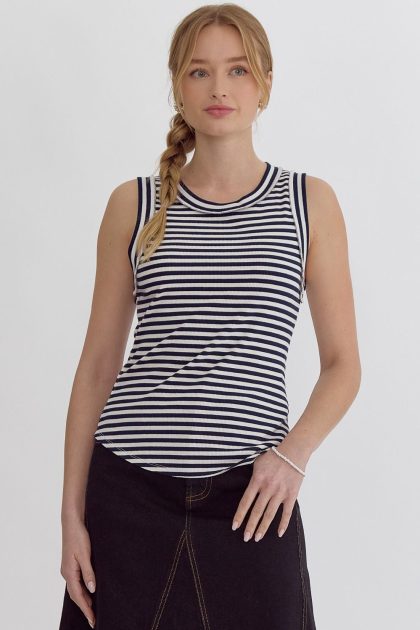 Stripe Print Round Neck Sleeveless Tank