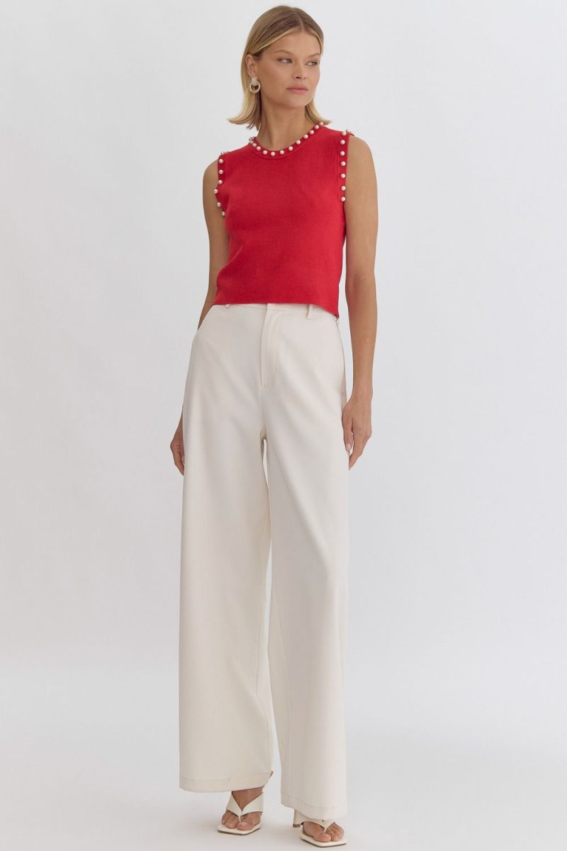 Pearl Detail Solid Round Neck Sleeveless Cropped Top - Image 9