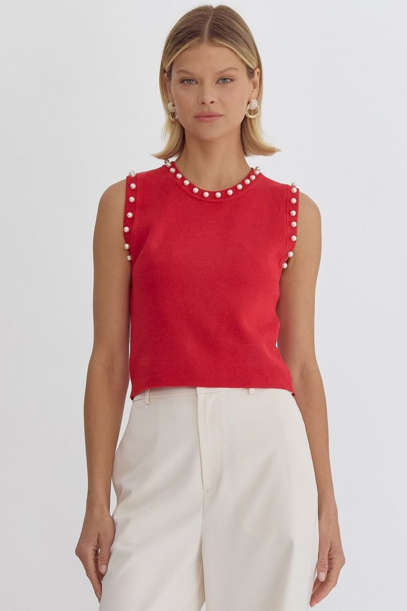 Pearl Detail Solid Round Neck Sleeveless Cropped Top - Image 8