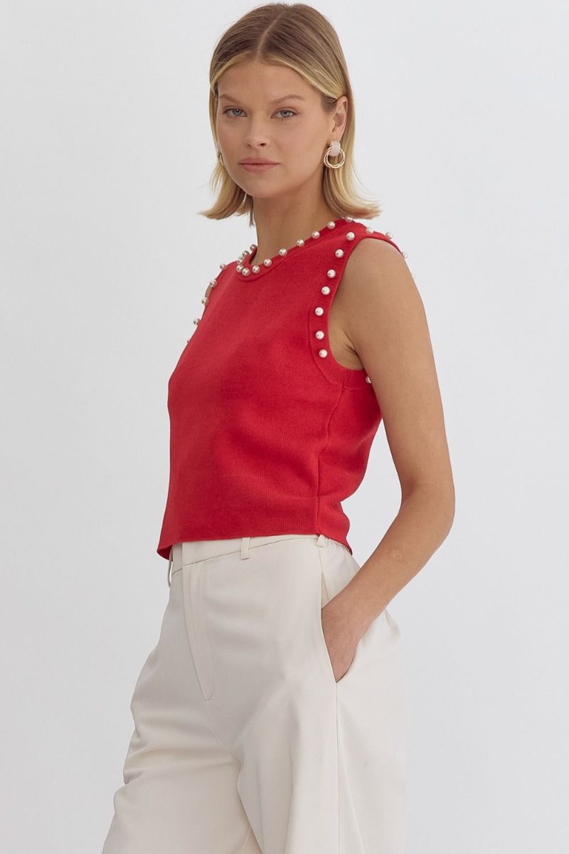 Pearl Detail Solid Round Neck Sleeveless Cropped Top - Image 11