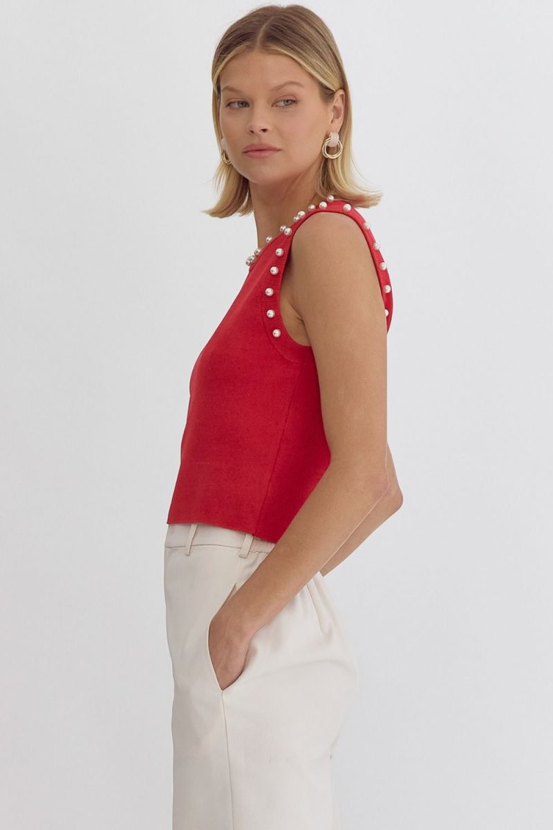 Pearl Detail Solid Round Neck Sleeveless Cropped Top - Image 12