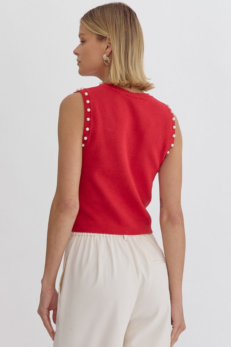 Pearl Detail Solid Round Neck Sleeveless Cropped Top - Image 14