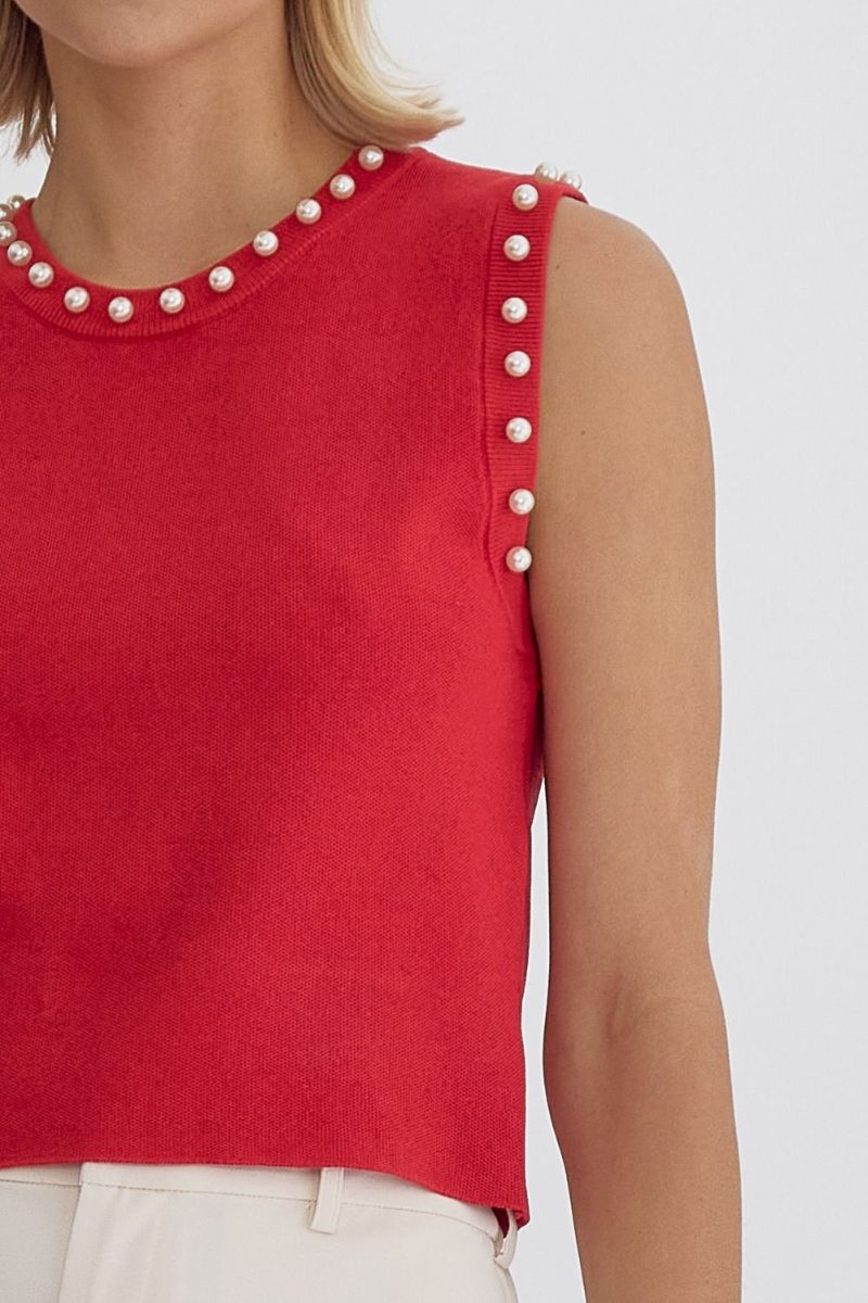 Pearl Detail Solid Round Neck Sleeveless Cropped Top - Image 10