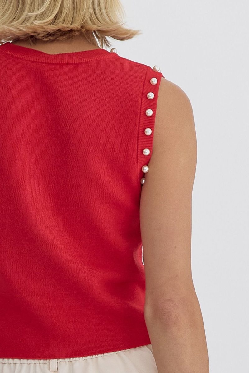 Pearl Detail Solid Round Neck Sleeveless Cropped Top - Image 13