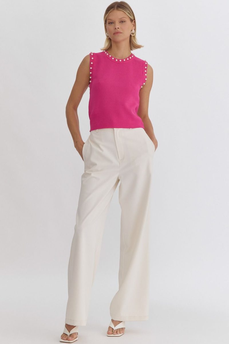 Pearl Detail Solid Round Neck Sleeveless Cropped Top - Image 3