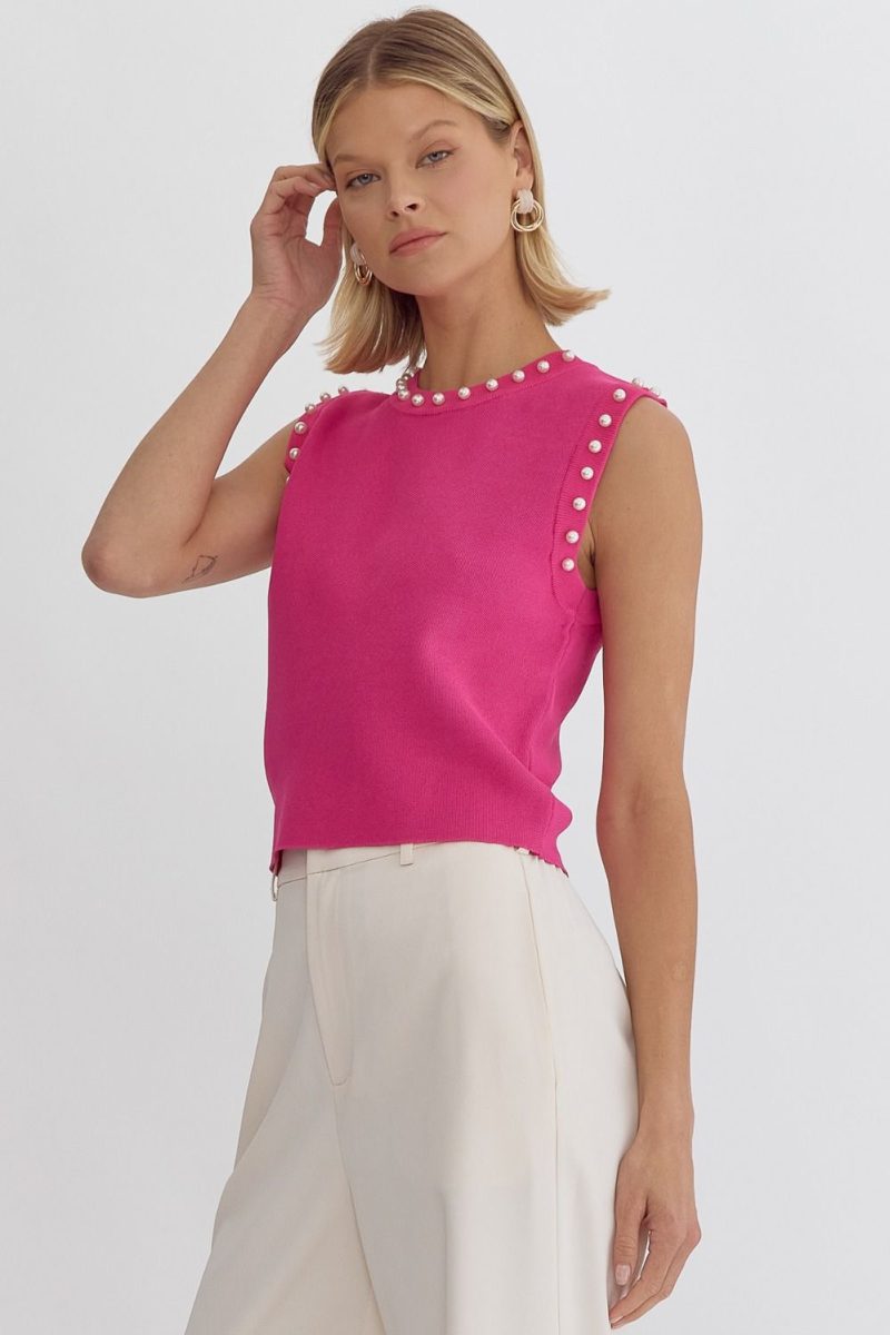Pearl Detail Solid Round Neck Sleeveless Cropped Top - Image 4