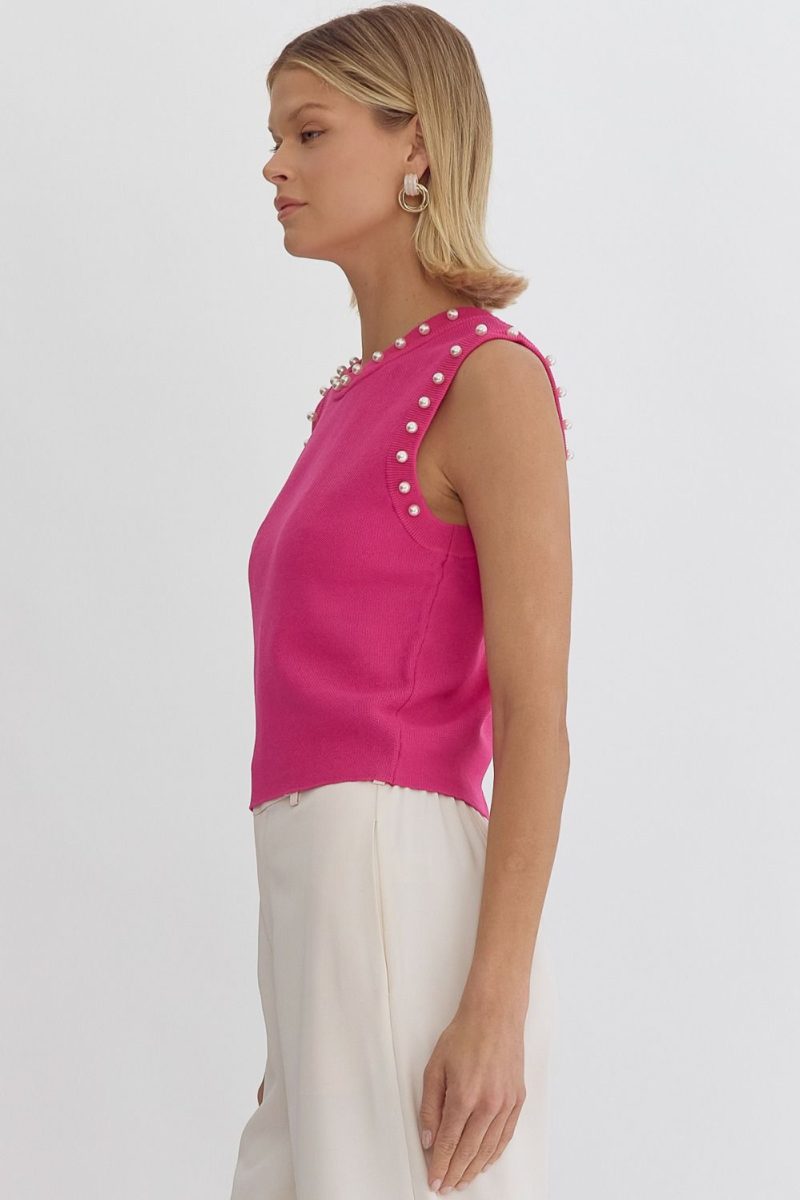 Pearl Detail Solid Round Neck Sleeveless Cropped Top - Image 5
