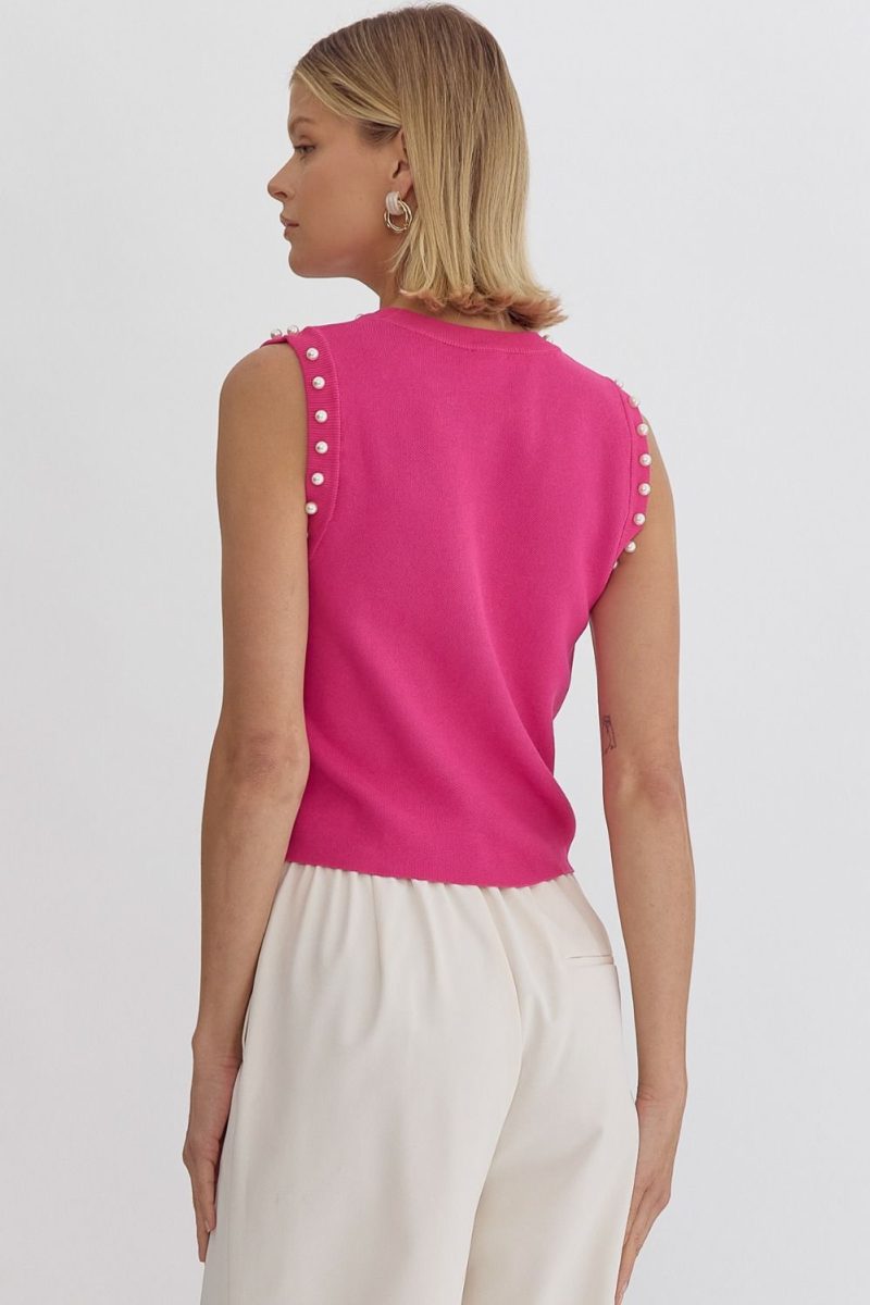 Pearl Detail Solid Round Neck Sleeveless Cropped Top - Image 7