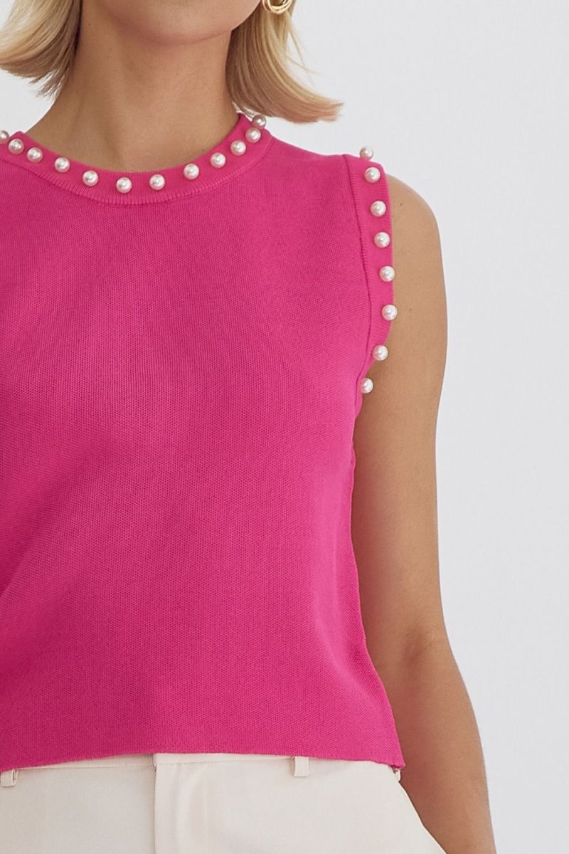 Pearl Detail Solid Round Neck Sleeveless Cropped Top - Image 2