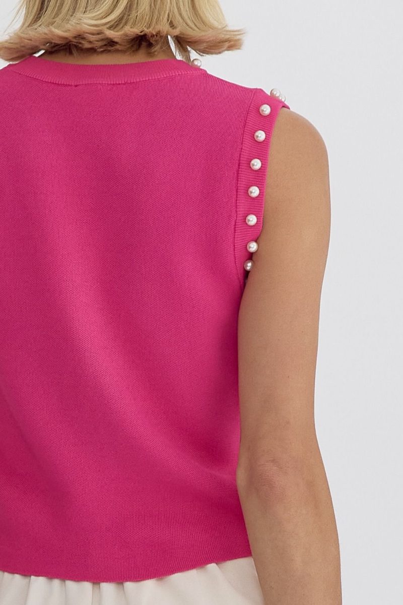 Pearl Detail Solid Round Neck Sleeveless Cropped Top - Image 6