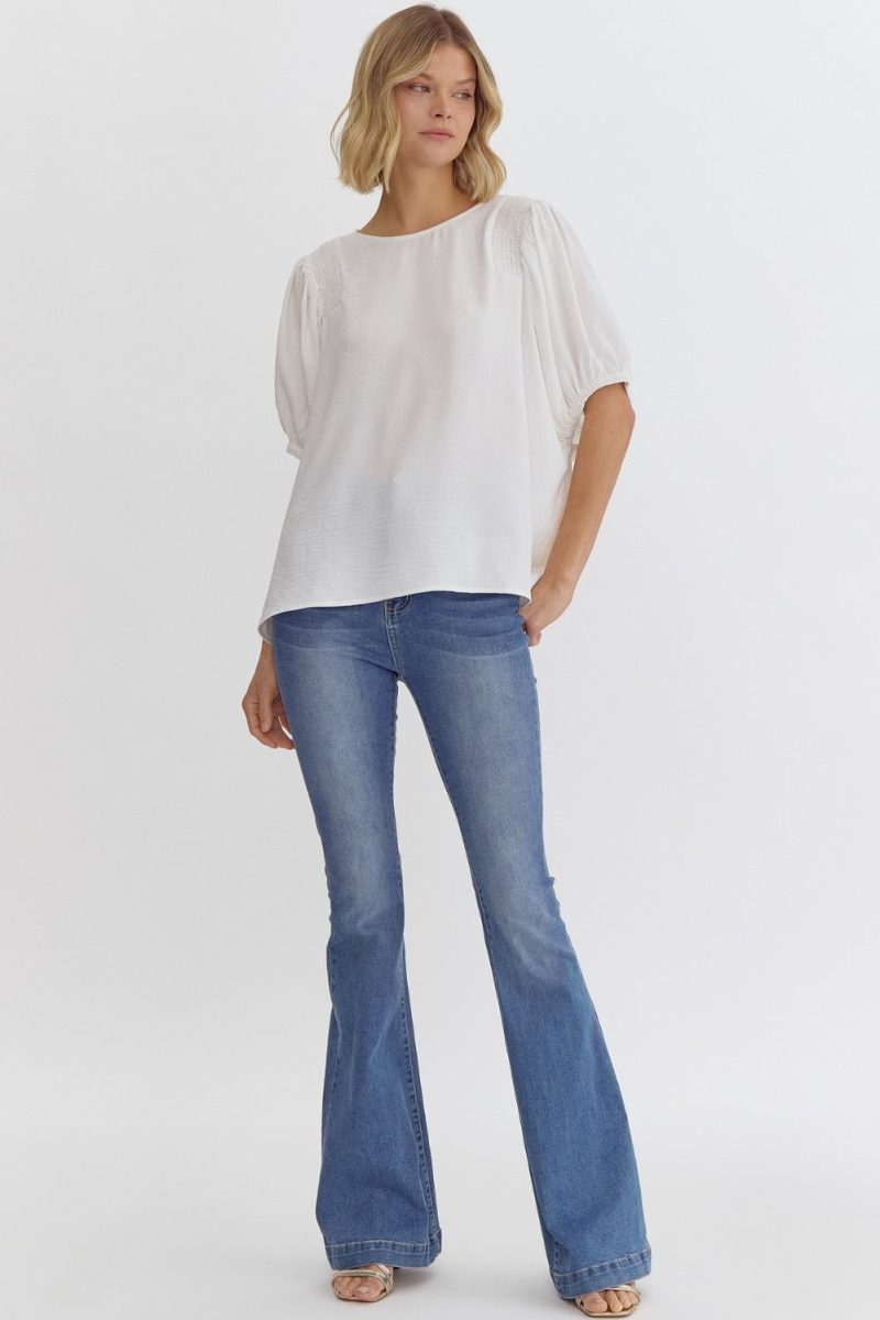 Round Neck Half Sleeve Smocking Detail Shoulder Top - Image 3