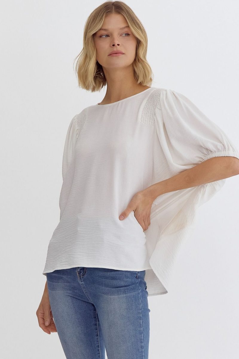 Round Neck Half Sleeve Smocking Detail Shoulder Top - Image 2