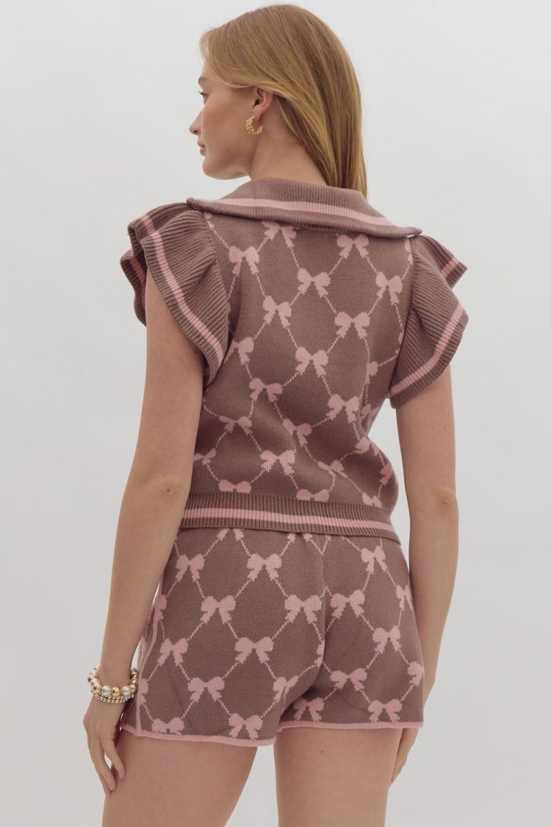 Bow Print Flutter Sleeve Crop Sweater Top - Image 7