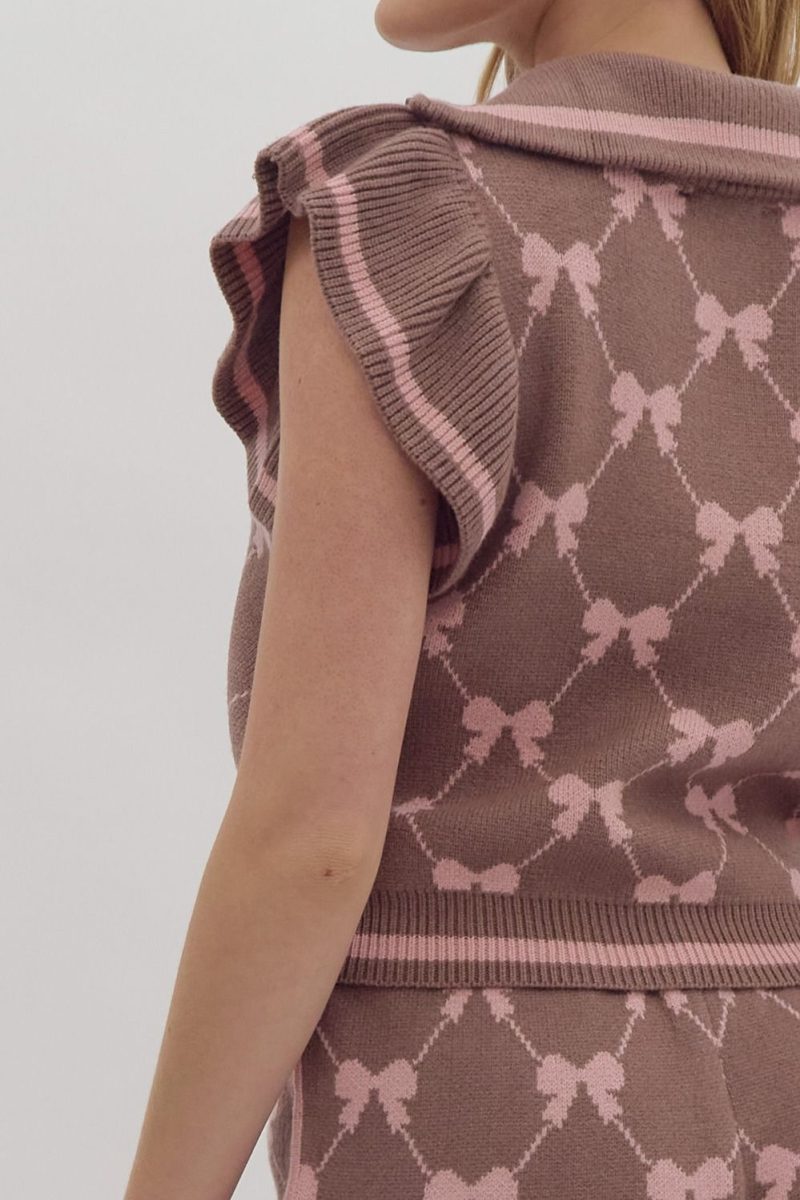 Bow Print Flutter Sleeve Crop Sweater Top - Image 6