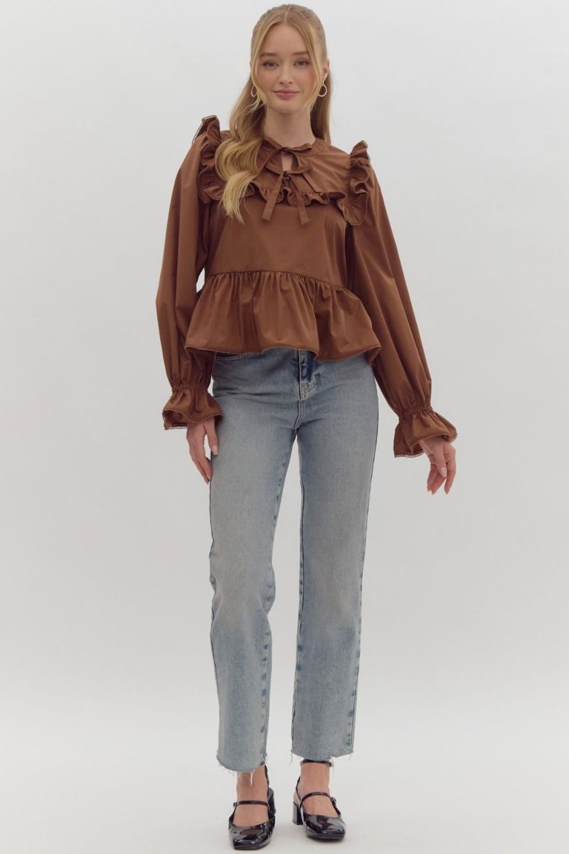 Solid Round Neck Long Sleeve Peplum Top - Image 3