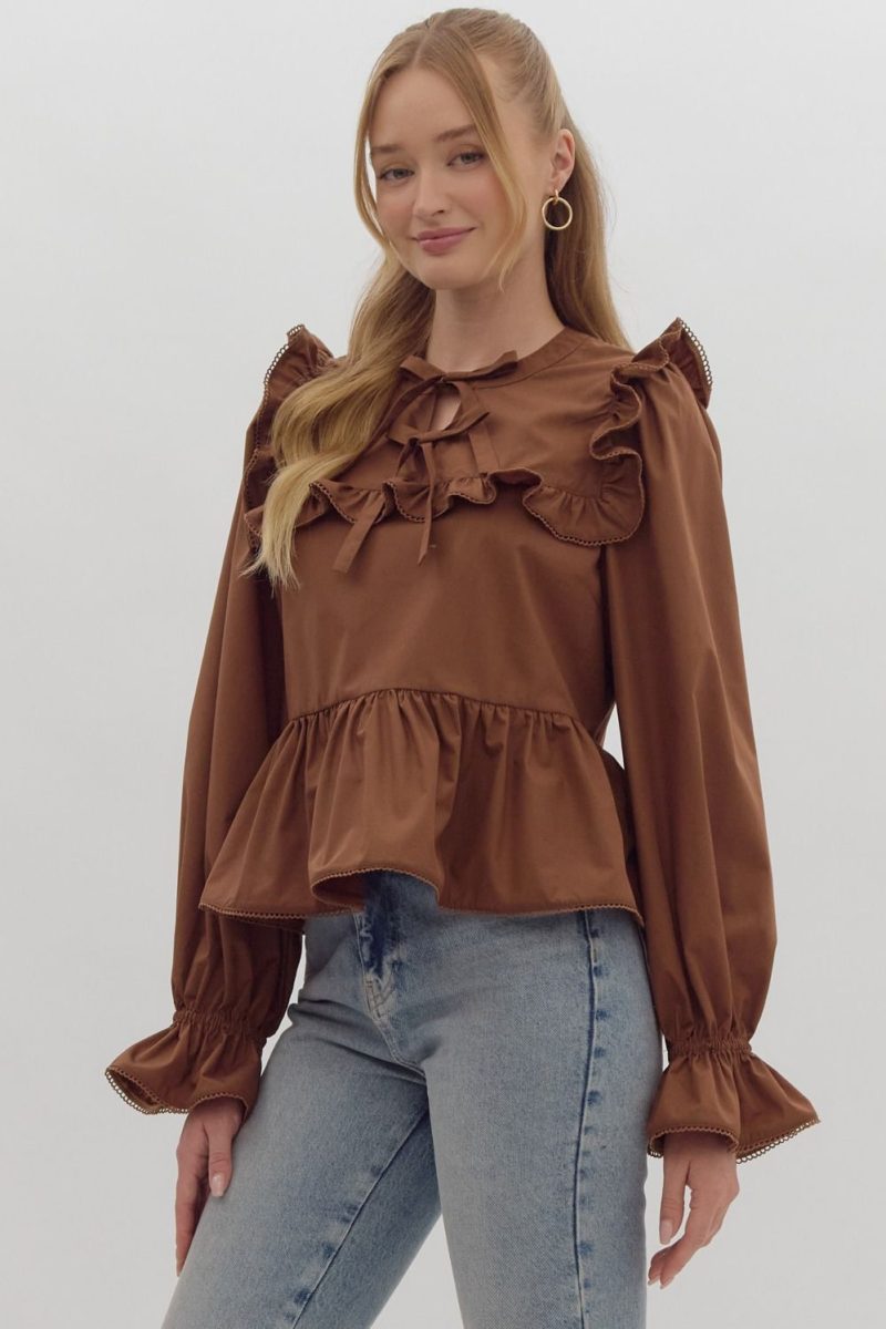 Solid Round Neck Long Sleeve Peplum Top - Image 4