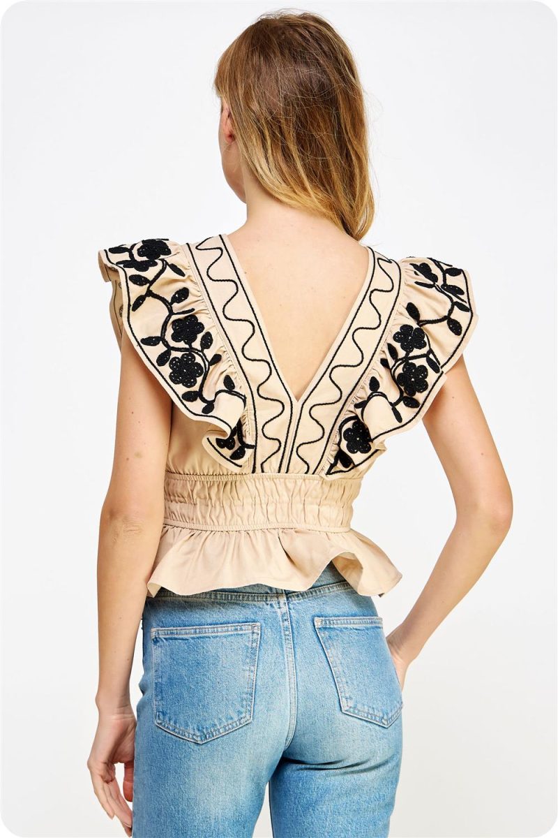 Embroidery Detailed Ruffle Linen Top - Image 5
