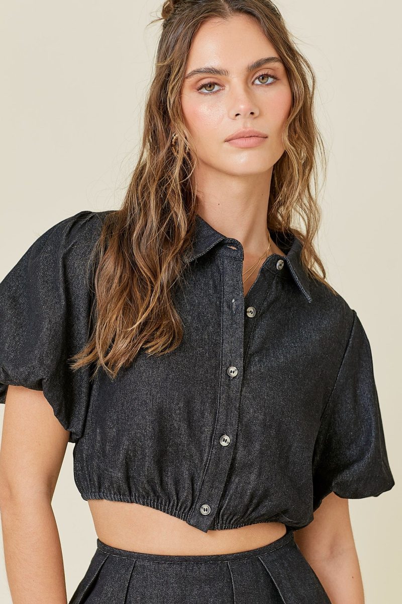 Button Down Puff Sleeve Denim Top - Image 2