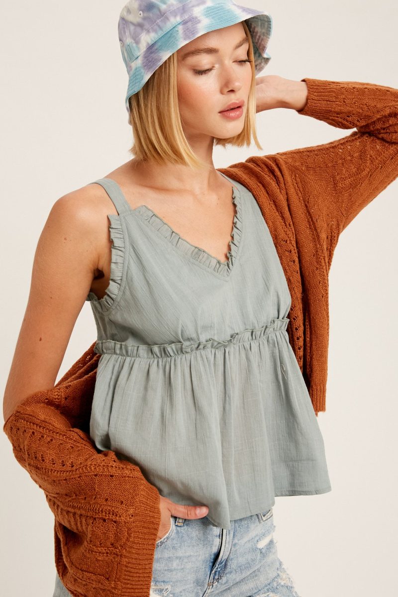 Textured Cotton V-Neck Ruffle Camisole Top - Image 5