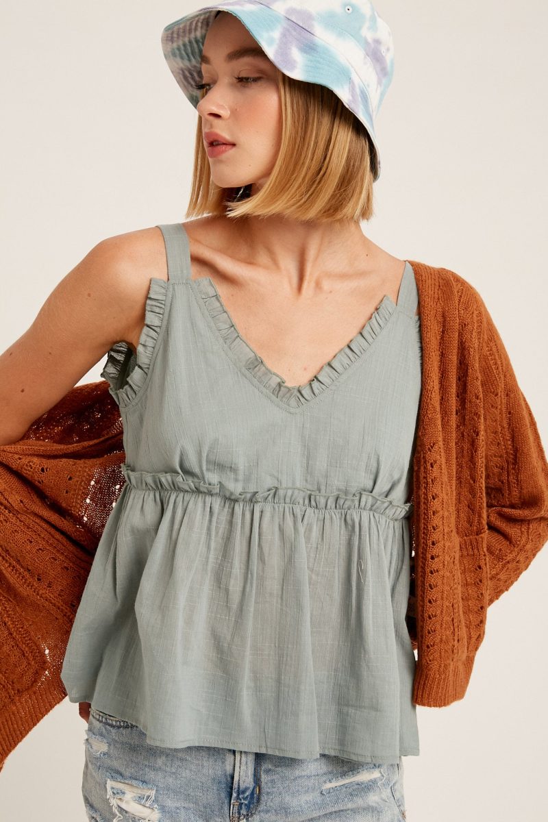 Textured Cotton V-Neck Ruffle Camisole Top - Image 9