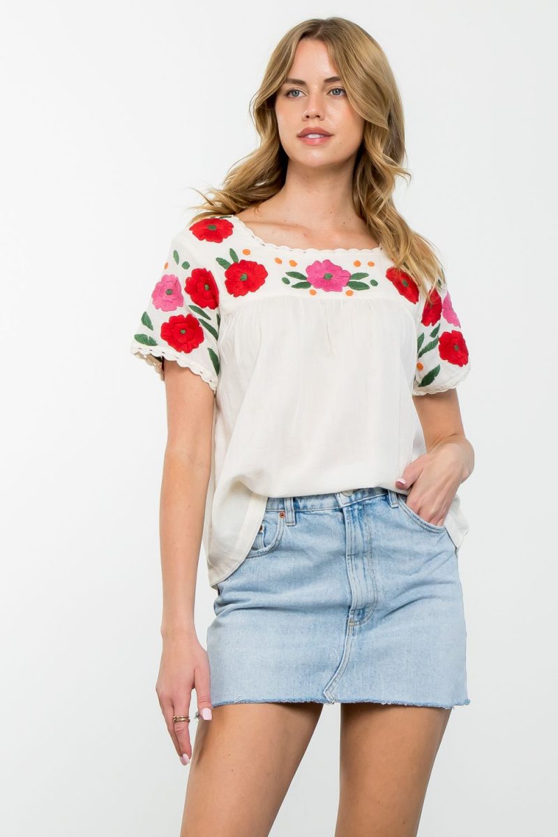 Flower Embroidered Short Sleeve Top - Image 10
