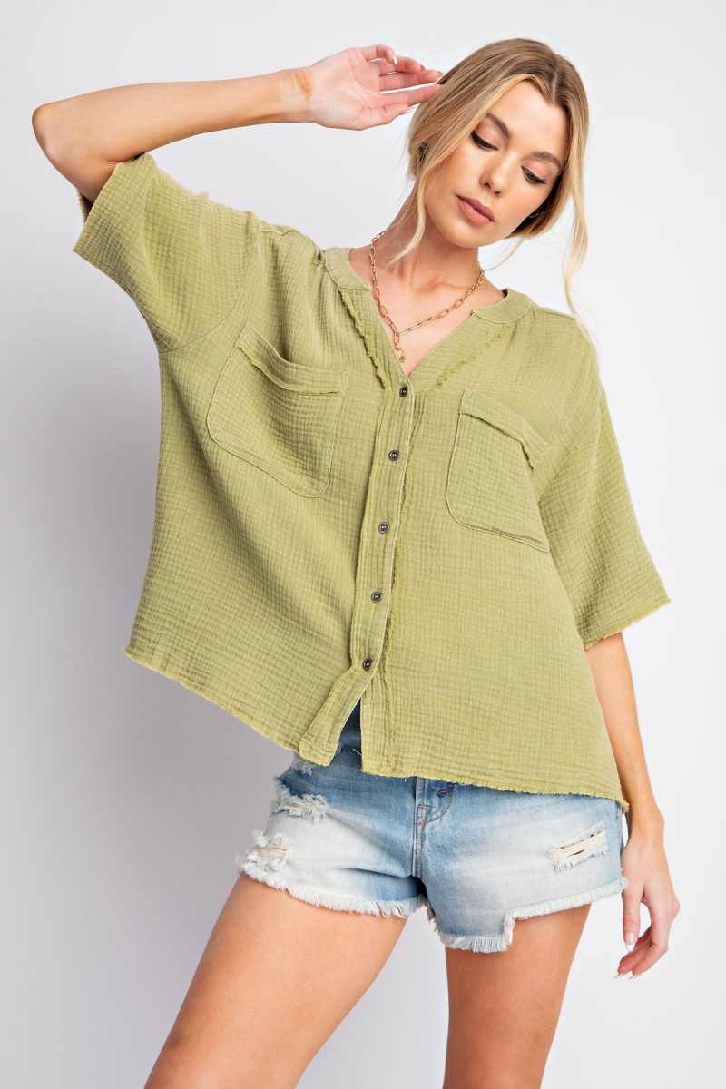 Button Down Cotton Gauze Mineral Washed Top - Image 2