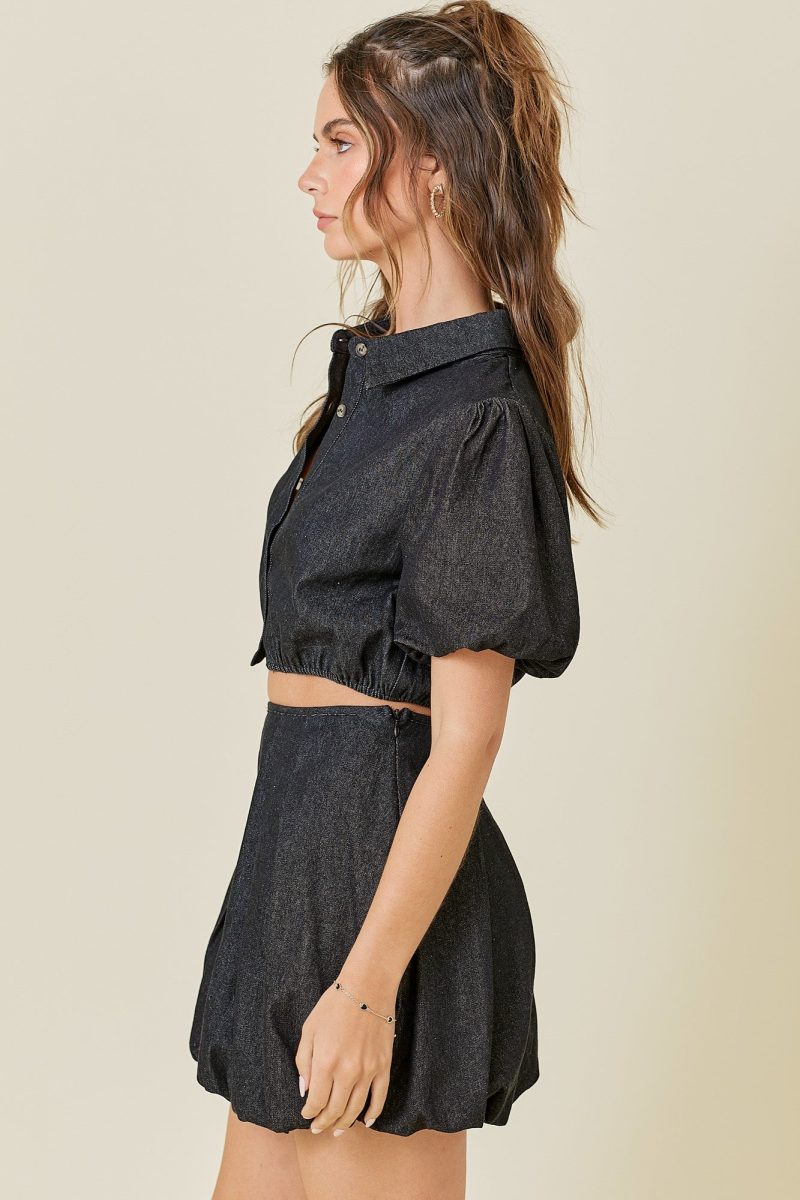 Button Down Puff Sleeve Denim Top - Image 7