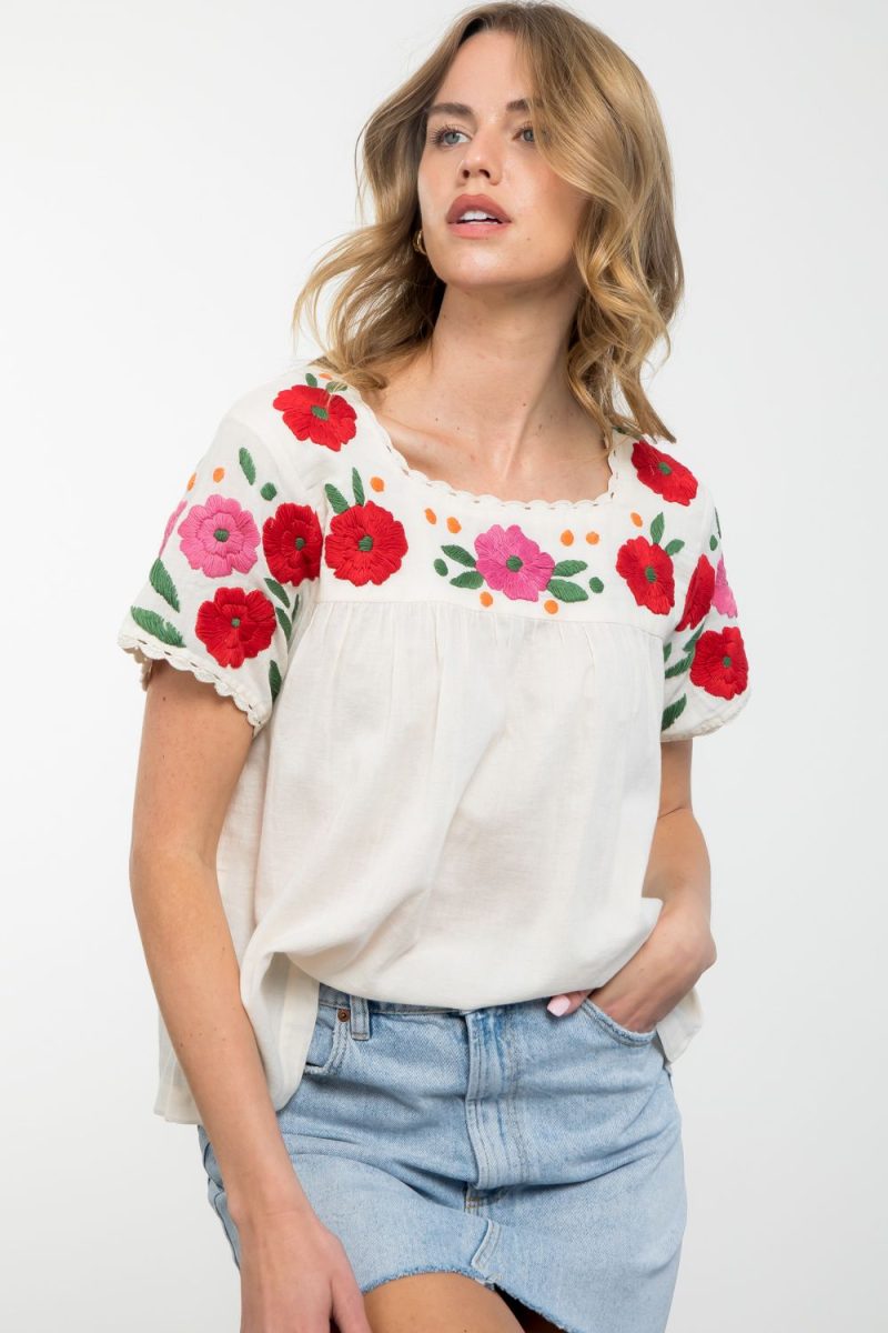 Flower Embroidered Short Sleeve Top - Image 4