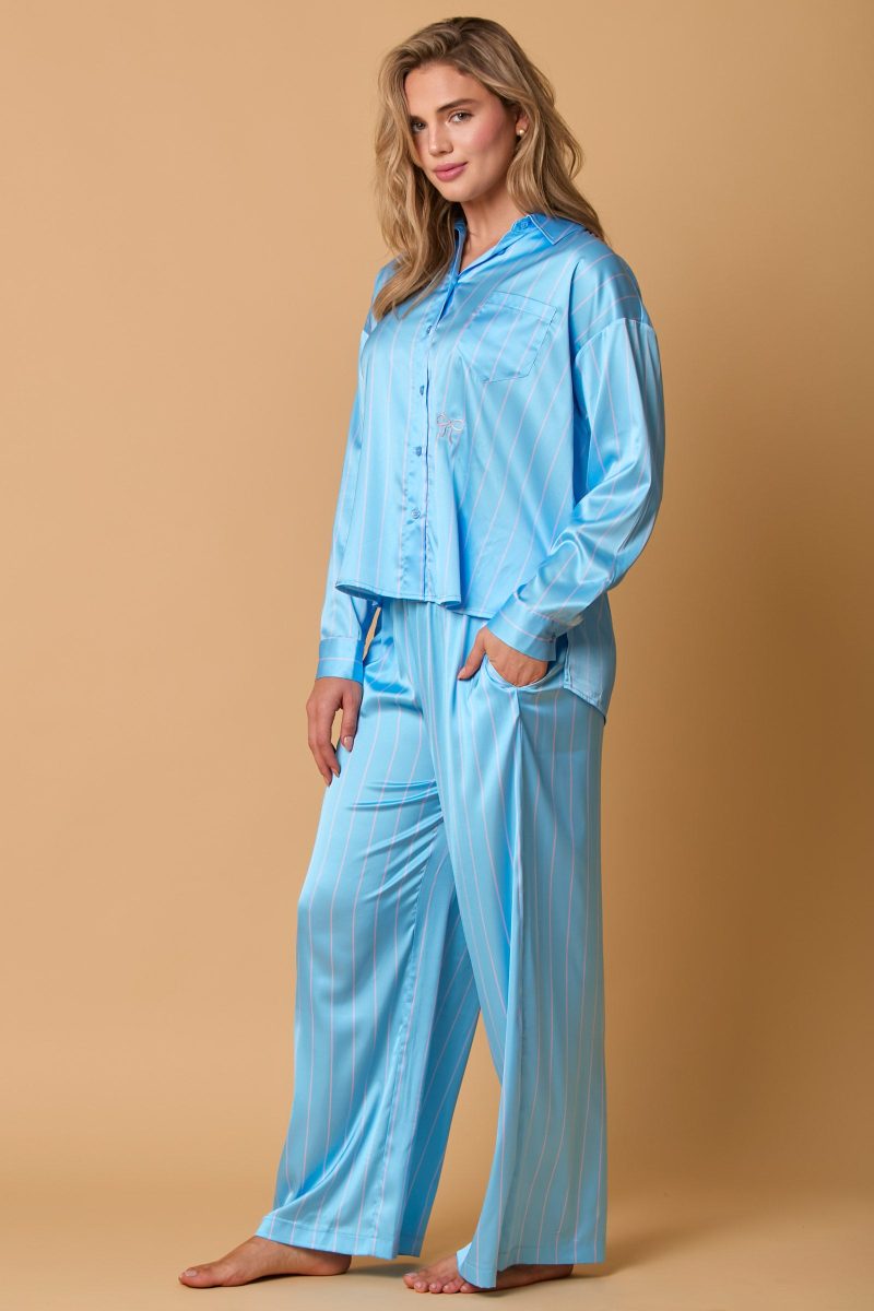 Satin Stripe Pajama Set with Bow Embroidery - Image 3