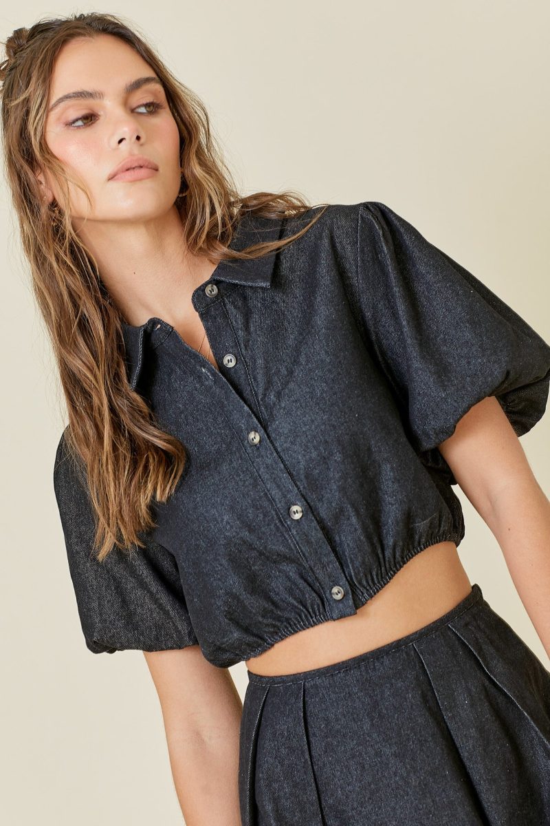 Button Down Puff Sleeve Denim Top - Image 6