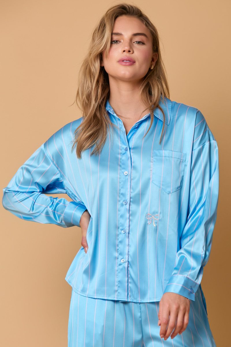 Satin Stripe Pajama Set with Bow Embroidery - Image 2